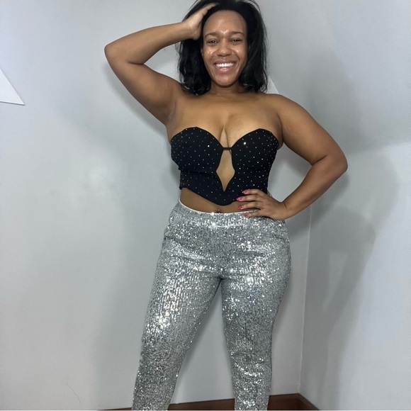 Cable & Gauge Pants - Baddie Silver Sequins Joggers Going Out Party Stretchy Pants Sporty Concert Glam